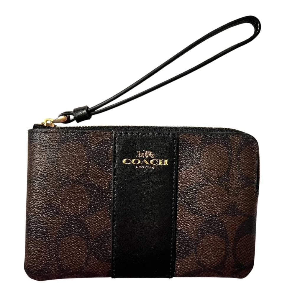 Coach Signature Coated Canvas Corner Zip Wristlet Brown Black Gold